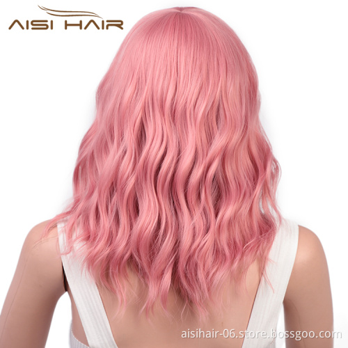 Aisi Hair Wholesale Top Quality Short Bob Pink Wig With Neat Bangs Synthetic Short Curly Wave Wigs For Black Women